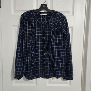 Sonoma Button-Up Shirt Blouse Women's Sz Medium Blue Plaid Ruffle